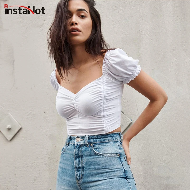 Женская укороченная футболка InstaHot повседневная элегантная облегающая с