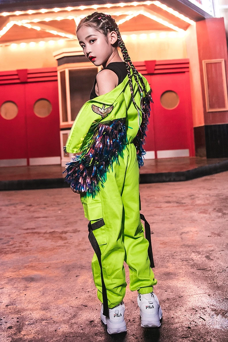 

New Children Jazz Dance Costumes Girls Hip Hop Clothing Loose Fluorescent Tide Suit Street Dance Stage Show Dance Outfits
