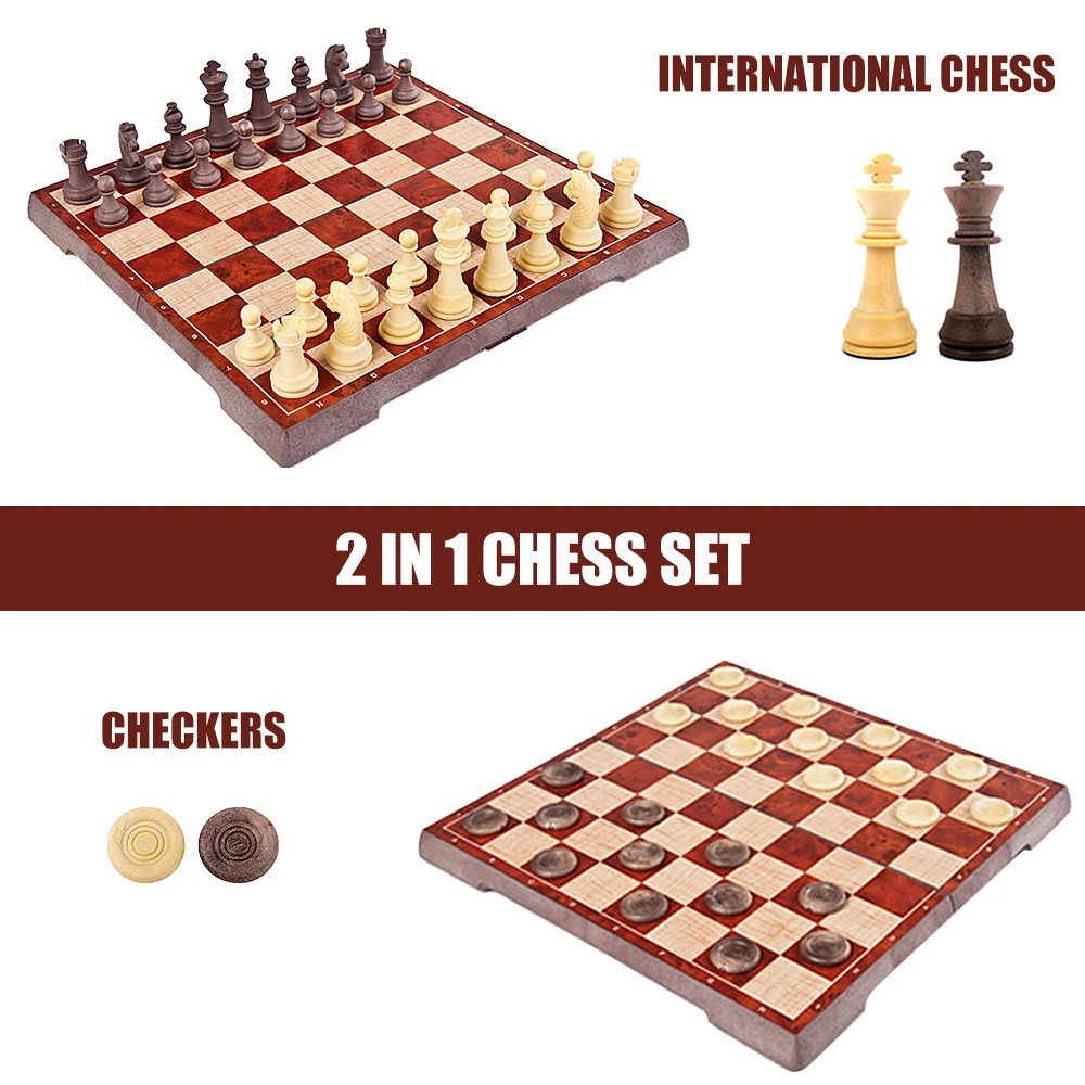 

2-in-1 Magnetic Folding Chesses Set Chess and Checkers Set Portable Chessboard Travel Table Games Draughts Educational Toys