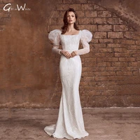 puff sleeve lace mermaid wedding dresses sequind square collar bridal gowns vestido de novia long sleeves robe de mari%c3%a9e