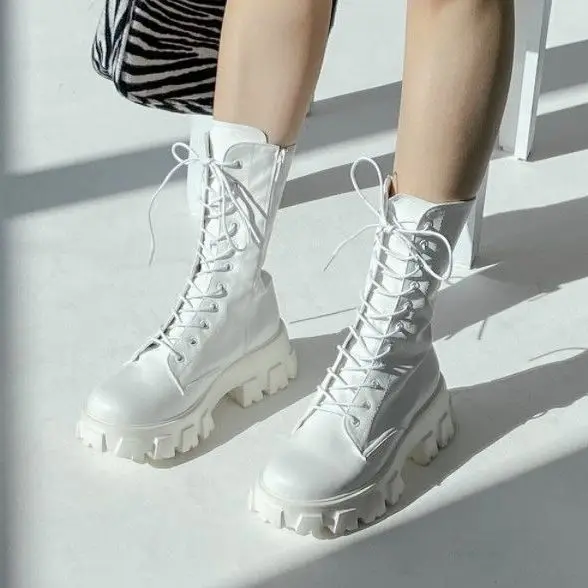 

Женские ботинки до середины икры, на шнуровке и молнии, спортивная обувь на платформе и каблуке, Осень-зима 2021