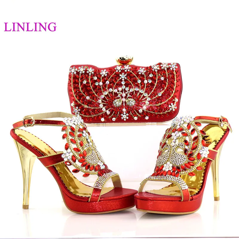 

High Quality Italian design High Heels Woman Shoes And Purse Set For Party Nigerian Women Wedding Red Color Shoes and Bag Set