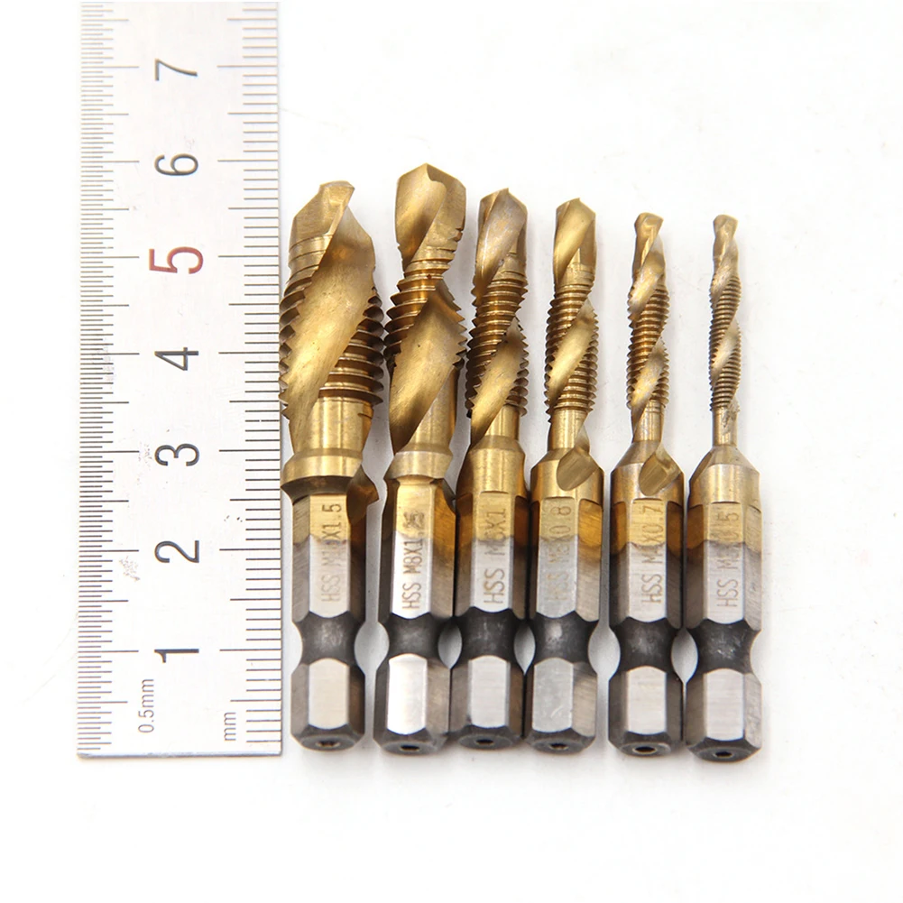 

6pcs Twist Drill Bit Set Thread HSS Drilling Tap Bits 1/4 inch Hex Shank M3-M10 Strong Toughness Metal Portable Supply