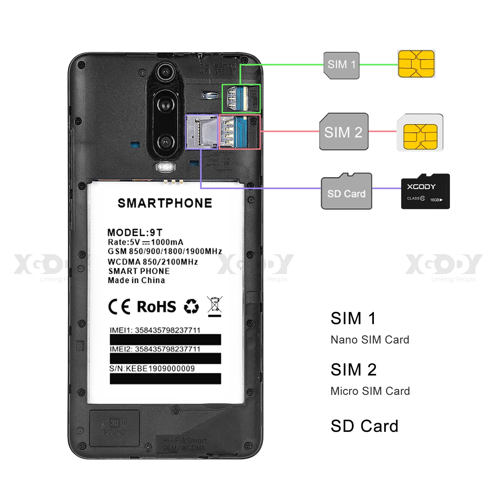 XGODY 3g мобильный телефон 9T 1GB 4GB 6,26 ''QHD экран MTK6580 четырехъядерный Android 9,0 капля полный экран 2800mAh смартфон
