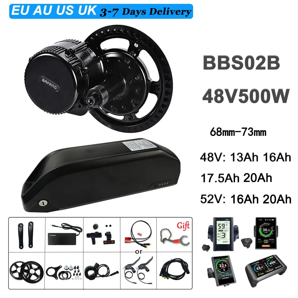 

48V 500W Bafang BBS02B Mid Drive Ebike Motor Electric Bike Conversion Kit with 13Ah 17.5Ah 52V 16Ah Bicycle Lithium Ion Battery