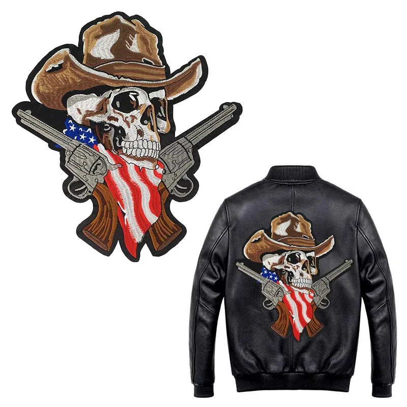 

Double Gun Skull Biker patch for Jacket Support, Punk Motorcycle Embroidery skeleton biker badge, Skull patch Apparel Accessorie