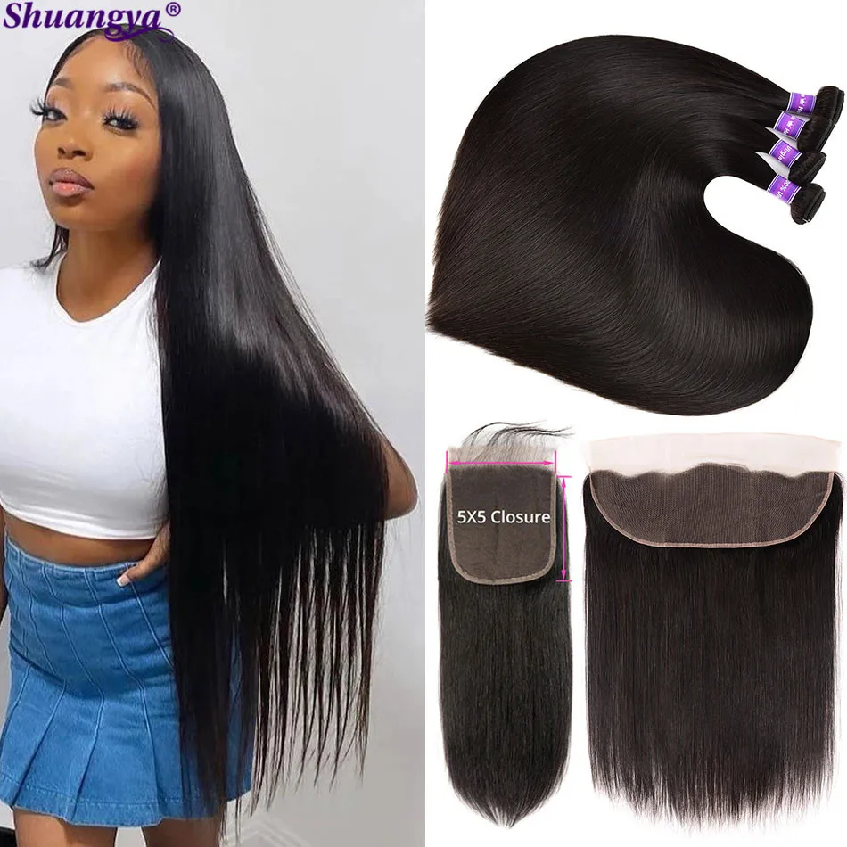

Brazilian Bone Straight Bundles With Frontal Transparent Lace Closure With Bundles Shuangya Hair Remy Human Hair Natural Black