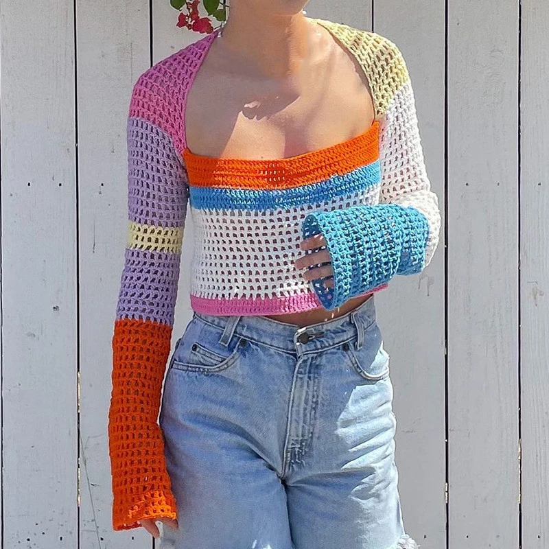 

Уличный осенний укороченный топ WUHE в стиле пэчворк, женские Топы с длинным рукавом и квадратным вырезом, Ажурные вязаные футболки, повседне...