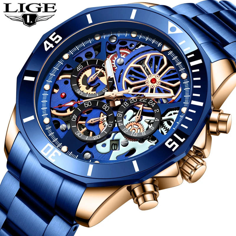 

2021 LIGE Top Brand Luxury New Mens Watches Stainless Steel Sports Chronograph Quartz Wristwatch for Men Relogio Masculino+Box