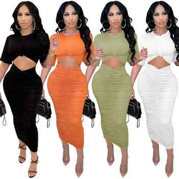 Solid Women 2pcs Dress Set Summer Short Sleeve Crop Top Amd Long Pleated Ruched Maxi Skirts Party Night Club Bodycon 1