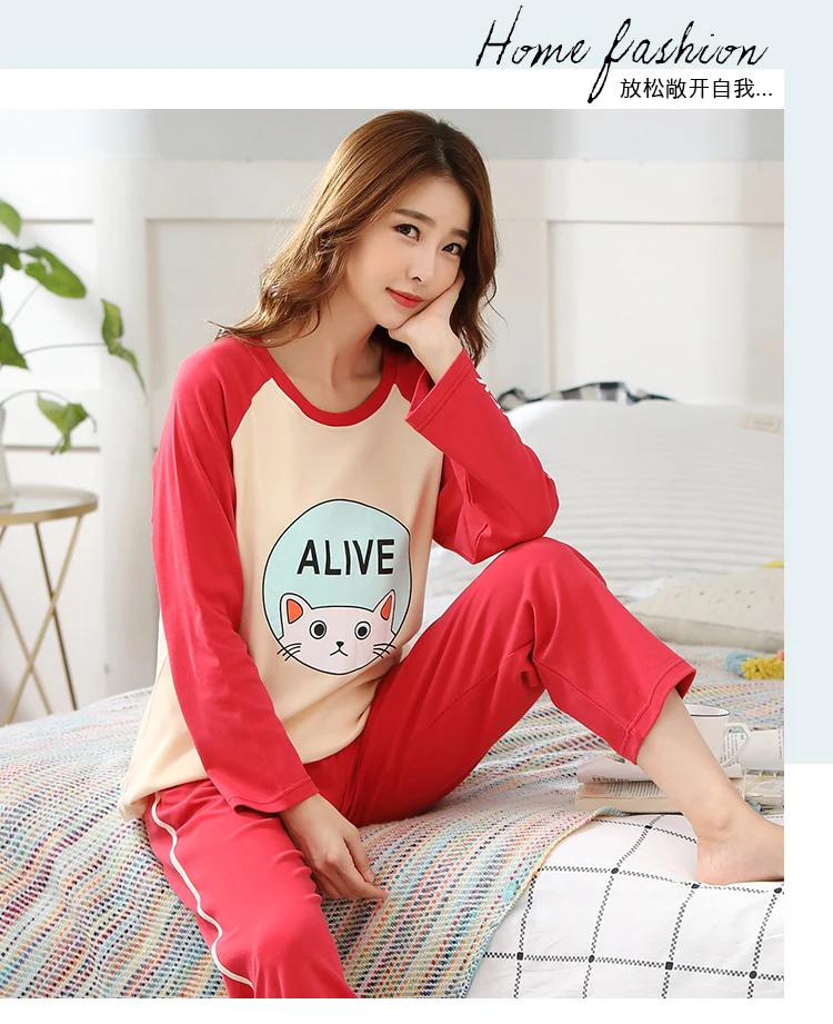 M L XL XXL 3XL 4XL 5XL Женская одежда для сна с длинным рукавом, хлопок, комплекты одежды для сна, осенние пижамы, женские пижамы