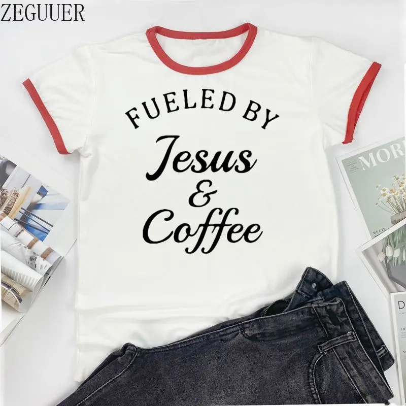 Fueled By Jesus &amp Coffee модная футболка для женщин 2021 короткий рукав тонкий размера плюс