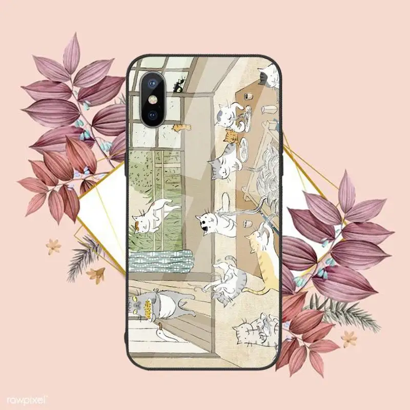 

Japanese Cat Drink Phone Case Tempered glass For iphone 6 6S 7 8 plus X XS XR 11 12 mini PRO MAX