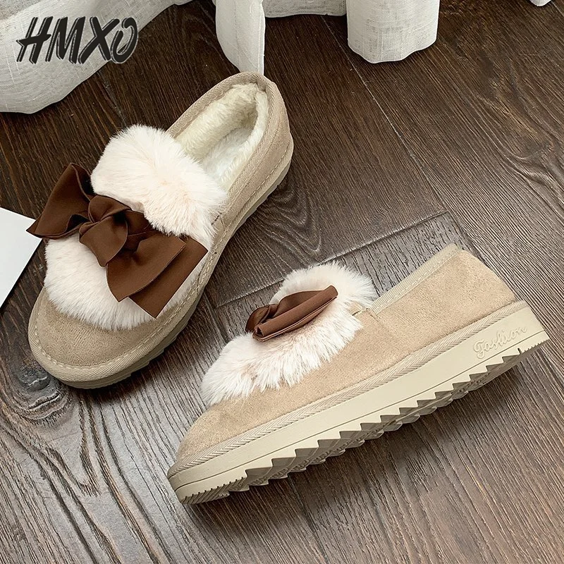 

Зимние плюшевые женские ботинки HMXO с бантом, повседневные Модные бархатные теплые плюшевые женские ботинки, Хлопковые женские ботинки с ко...
