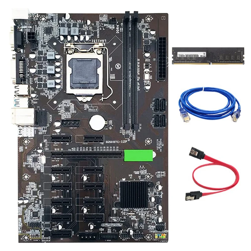 

Материнская плата B250 для майнинга, LGA115 USB3.0 с DDR4 8 Гб 2133 МГц ОЗУ + сетевой кабель RJ45 + кабель SATA для майнинга BTC