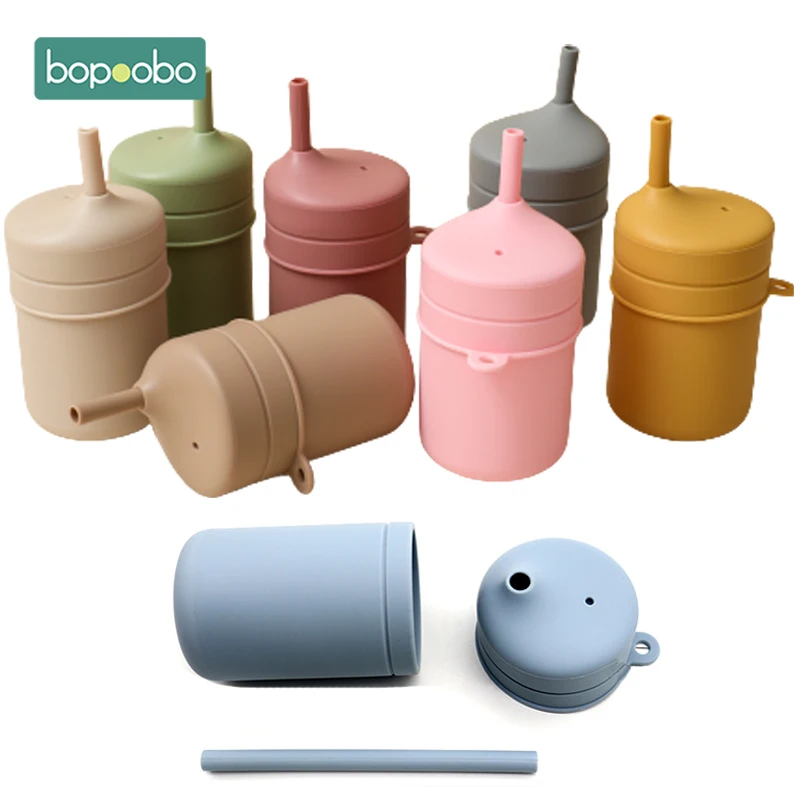 Bopoobo 3-in-1 Silicone Training Sippy Straw Cup for Baby to Toddler Spill Proof Sippy Cups BPA Free for Child Water Bottle