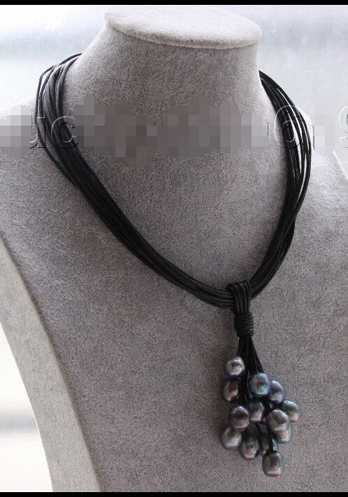 

FREE SHIPPING *******Genuine 17" 15row 14mm peacock black pearls Black leather Pendant necklace