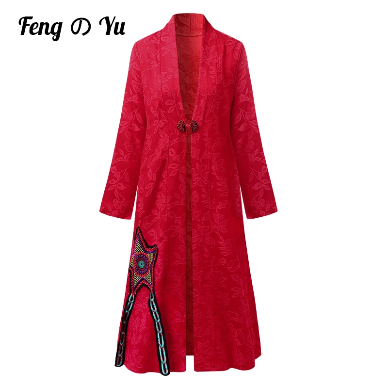 

Muslim Women's Jacket Spring Autumn Designer Women's Retro Kimono Collar Loose Red Sky Cotton Embroidered Long Women's Trench