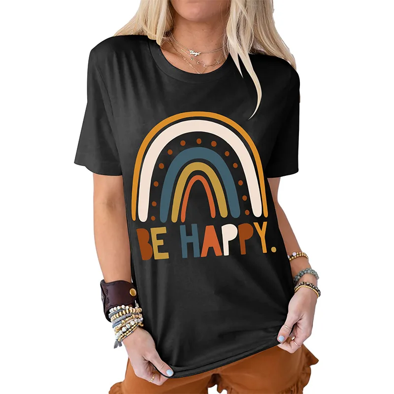 

Женская футболка с надписью Be Happy, забавная Милая футболка с радужным графическим рисунком, повседневные летние рубашки с коротким рукавом, ...