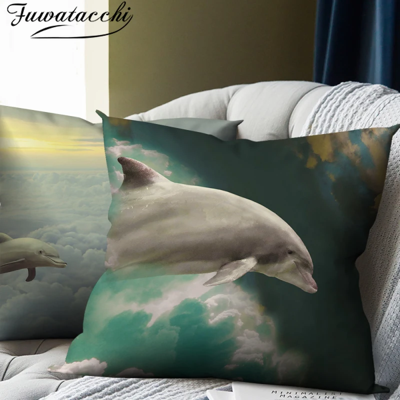 

Fuwatacchi Dolphin Pattern Polyester Cushion Cover Colorful Sea World Decorative Pillow Cover Home Sofa Decor Throw Pillowcase