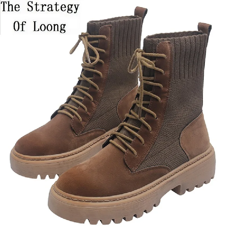 Женские узкие сапоги в европейском стиле ретро высокие эластичные на платформе