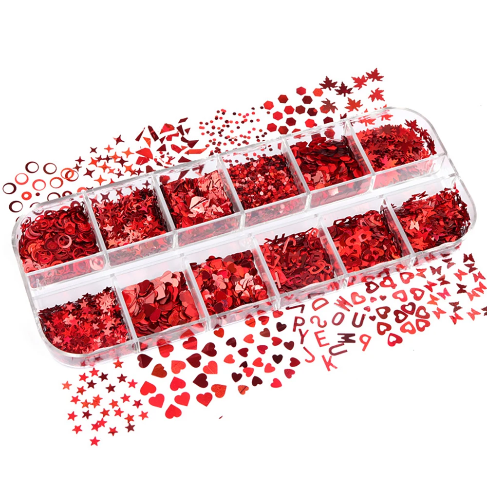 

12 Grids Holographic Glitter Butterfly Nail Sequins Valentines Heart Design 3D Flakes Mixed Shape Nail Art Decorations Manicure