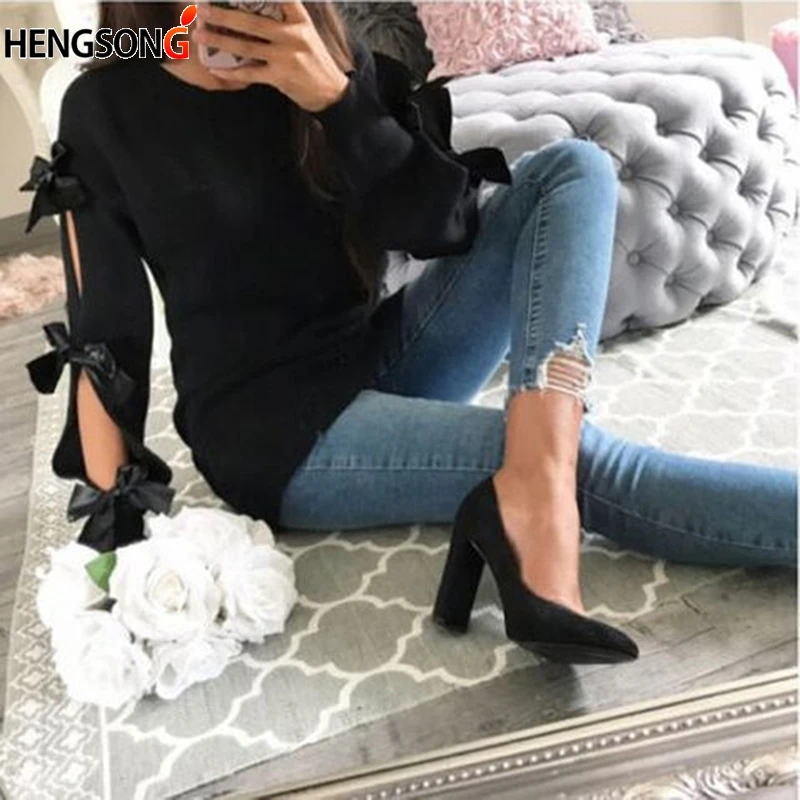 

New Women Bow Hollow Out Long Sleeve Warm Sweater Pullover Knitting Bow Loose O-Neck Tops Blouse Knitwear