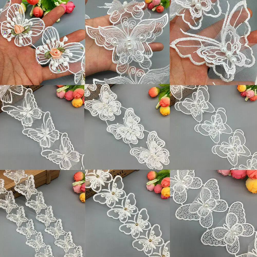 10/20pcs Organza Rhinestone Butterfly Embroidered Pearl Lace Trim Flower Applique Trimmings Ribbon Fabric Wedding Dress Sewing