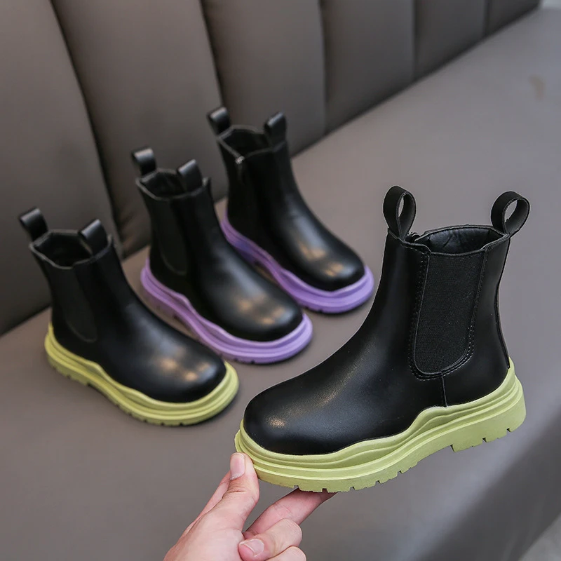 

Children Fashion Chelsea Boots High Top Winter Autumn Baby Leather Shoes Plush Kids Waterproof Boots Green Purple