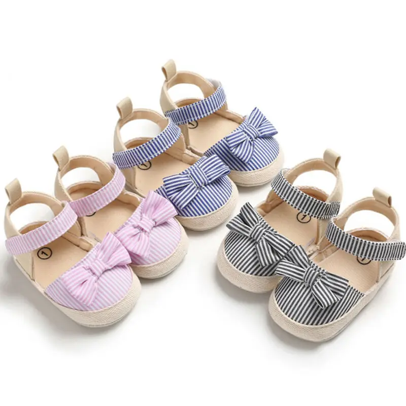 

Newborn Baby Kid Girl Canvas Princess Sandals Soft Crib Shoes Toddler Prewalker Anti-slip Sneaker Striped Bow Prewalker 0-18M