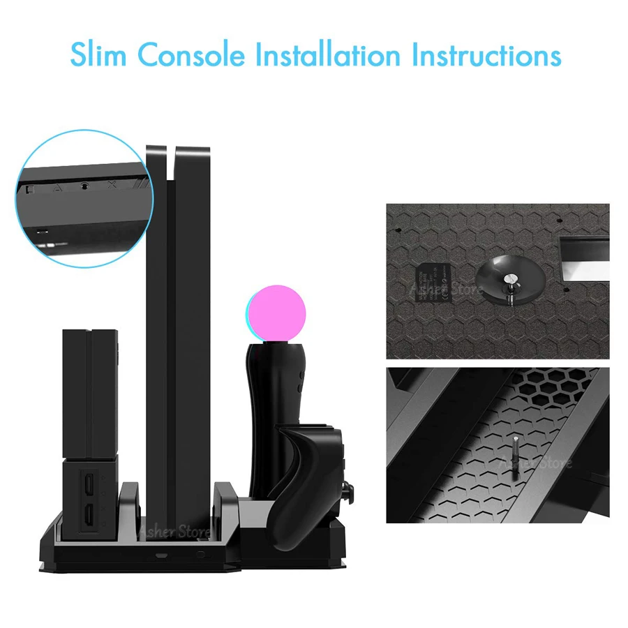 Вертикальная подставка для PS4 Pro Slim PS VR 2 охлаждающих вентилятора 3 контроллера