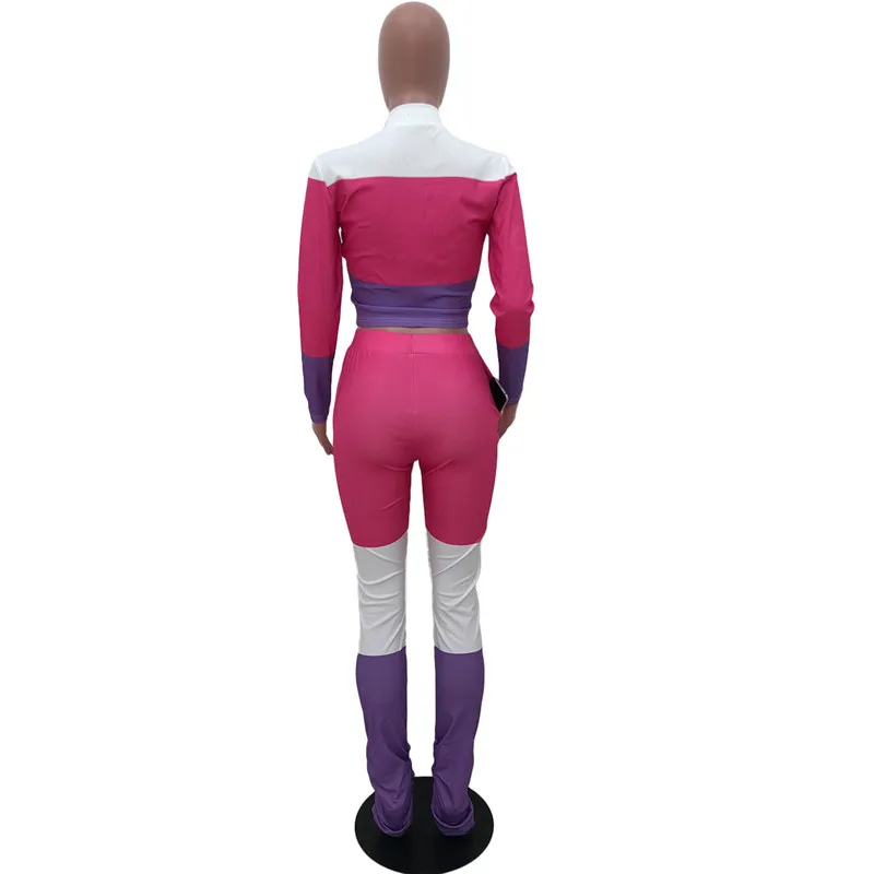 

New 2 Piece Set Women Fall Clothes Outfit Patchwork Bodycon Zip Top Stretch Pocket Leggings Matching Set Wholesale Dropshipping