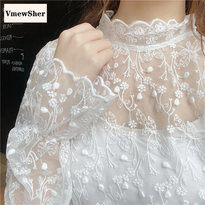 VmewSher New Women Lace Blouse Sweet Embroidery Long Sleeve White Shirts Casual Flower Hollow Fashion Female Chemise Clothing