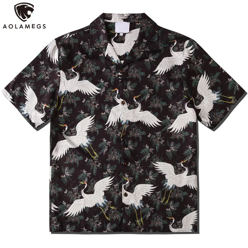 

Aolamegs Summer Men Shirts Casual Chinese Style Crane Print Retro Shirt Fashion Couple Hip Hop Streetwear Holiday Hawaiian Shirt
