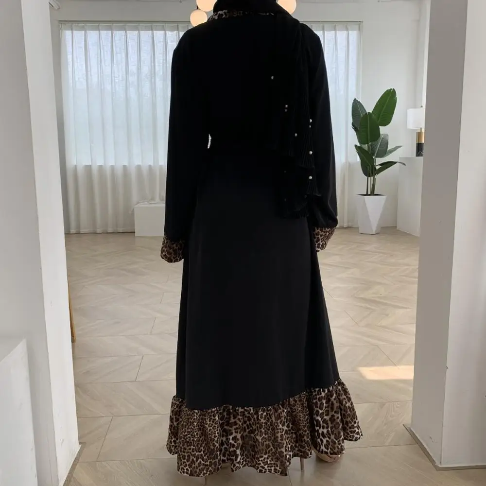 

Leopard Print Ruffles Muslim Abaya Dress Women Lace-up Open Abayas Moroccan Kaftan Dejellab Musulman Ensembles Islamic Clothing