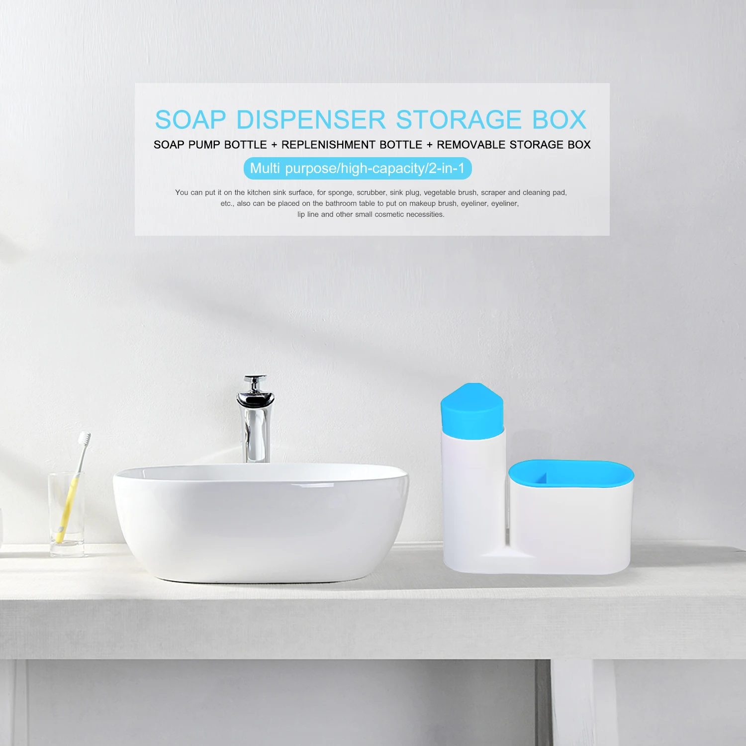 

Modern Kitchen Storage Box Sink Countertop Liquid Dish Soap Dispenser Pump Bottle Caddy with Storage Compartments Sponges Holder