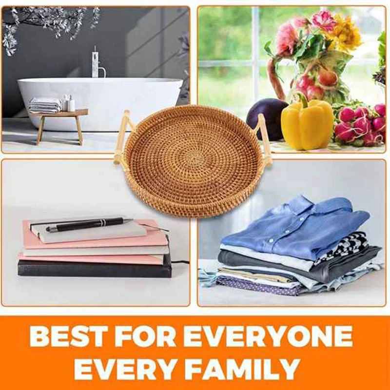 

3Pcs Rattan Storage Tray, Round Basket with Handle, Hand-Woven, Rattan Tray Wicker Basket Bread Fruit Food Display 24cm