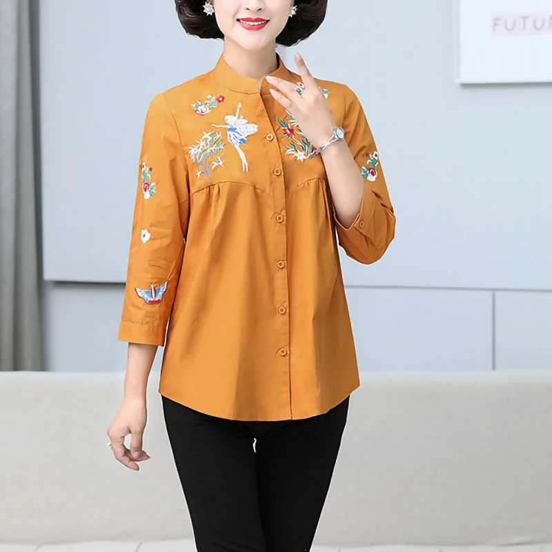 Женская Офисная рубашка с вышивкой белая блузка на пуговицах рукавом 3/4