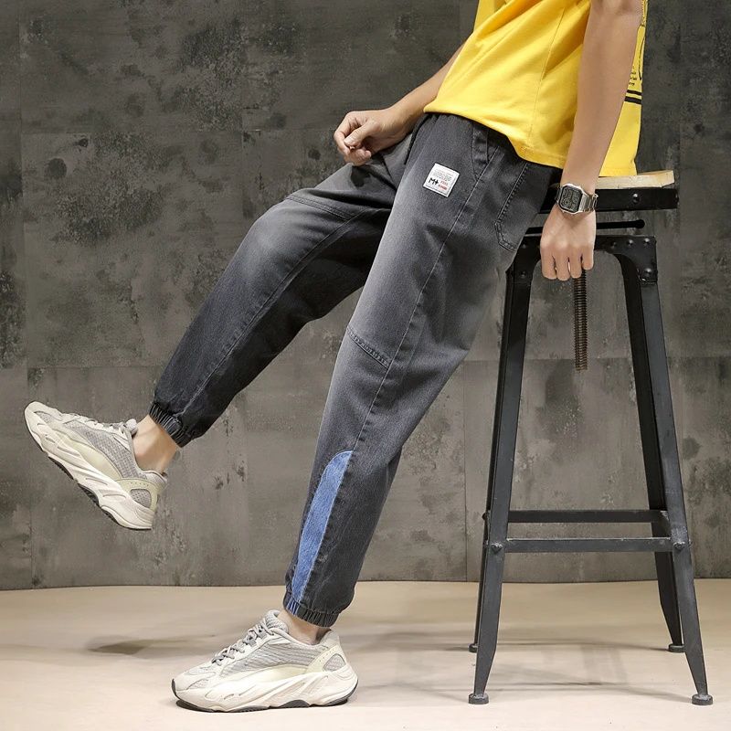 M 8XLJeans мужские брюки с принтом пэчворк эластичной резинкой на талии узкие для