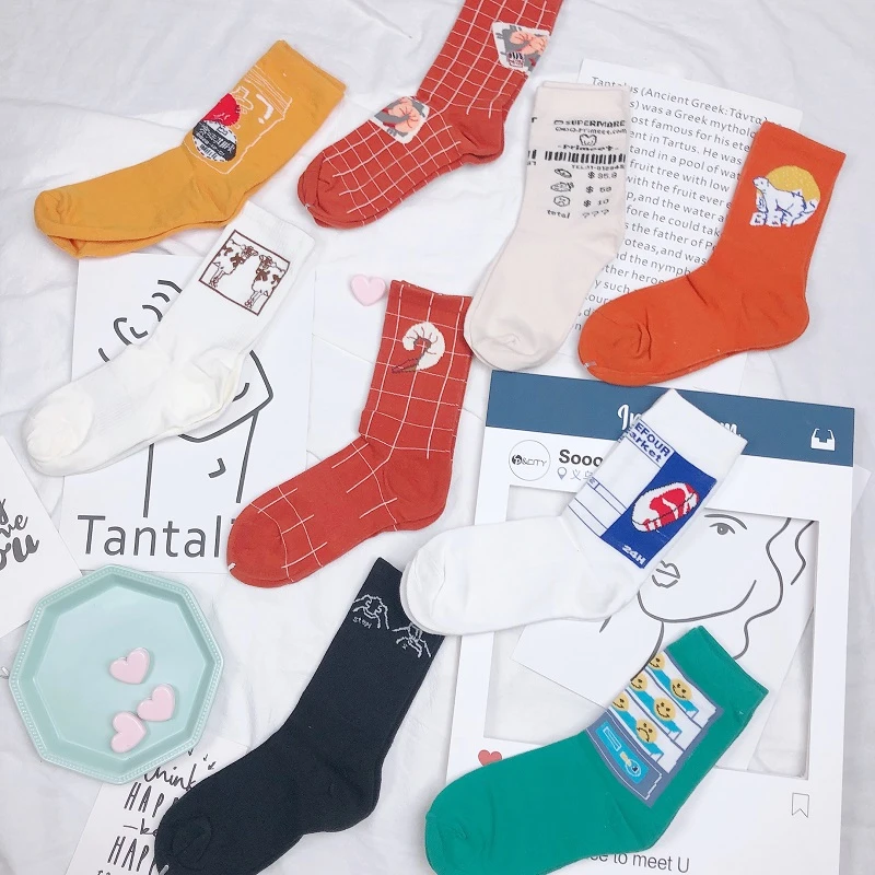 Женские хлопковые носки с забавным рисунком винтажные повседневные до щиколотки