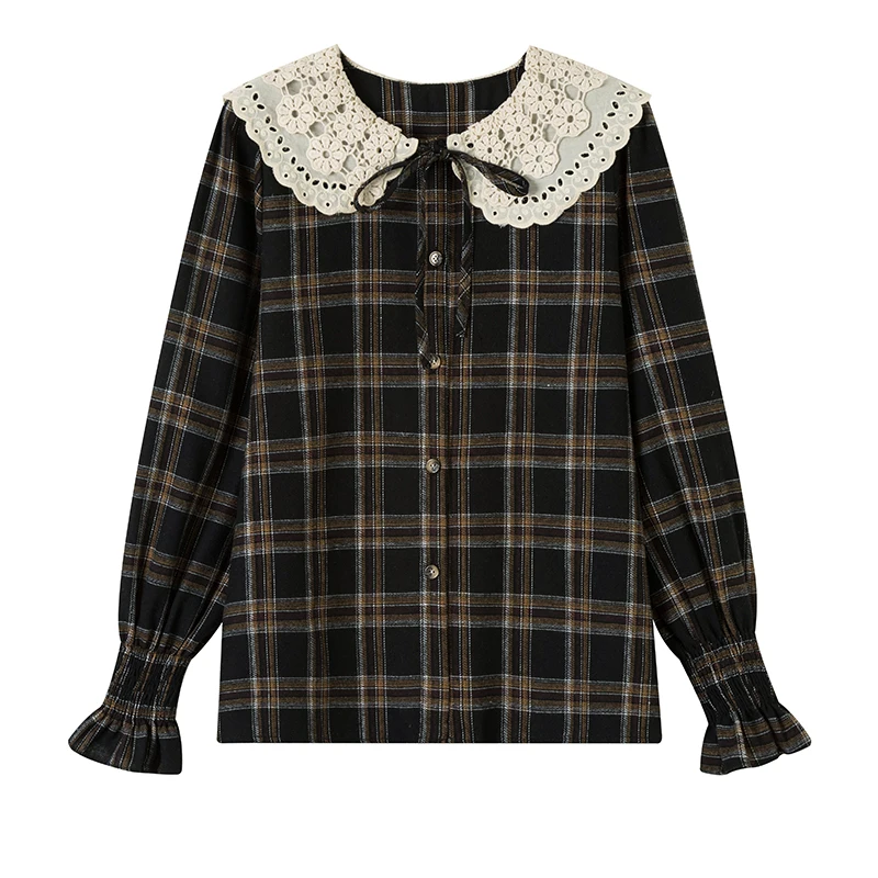 

New Spring Autumn Fashion Plaid Lace Turn-down Collar Shirt Blouse Women Bastic Elegant Ladies Long Sleeves Female Casual Shirts