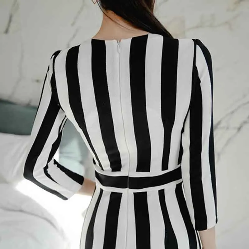 

Autumn Summer Korean Version Ladies Sexy Office Dress Stitching Stripes Dress 2020 New Casual Elegant Slim Bodycon Work Dresses
