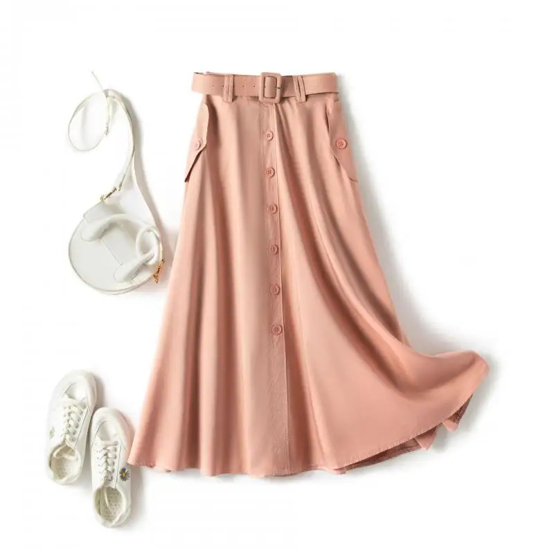 

Single Breasted A-line Skirts Women Slim Solid Umbrella Skirt femme 2021 New Summer black Long Pleated Skirt Women