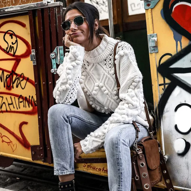 Свободный свитер-водолазка в стиле ретро Вязаные пуловеры с геометрическим