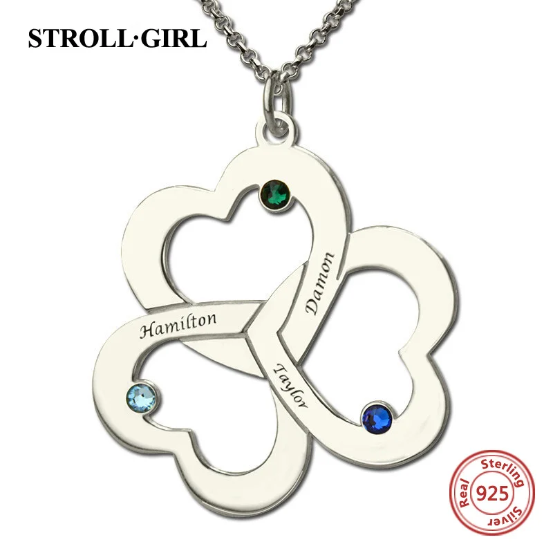 StrollGirl 925 пробы серебро персонализированные настраиваемые тройное Сердце ожерелье с именами и камнями по месяцу рождения подарок на день матери