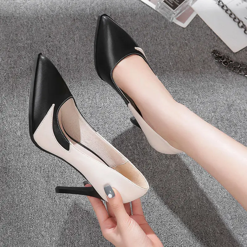 

Кожаная женская обувь для офиса, мягкая резиновая подошва, на высоком каблуке, разные цвета, с острым носком, без застежки, женская модная об...