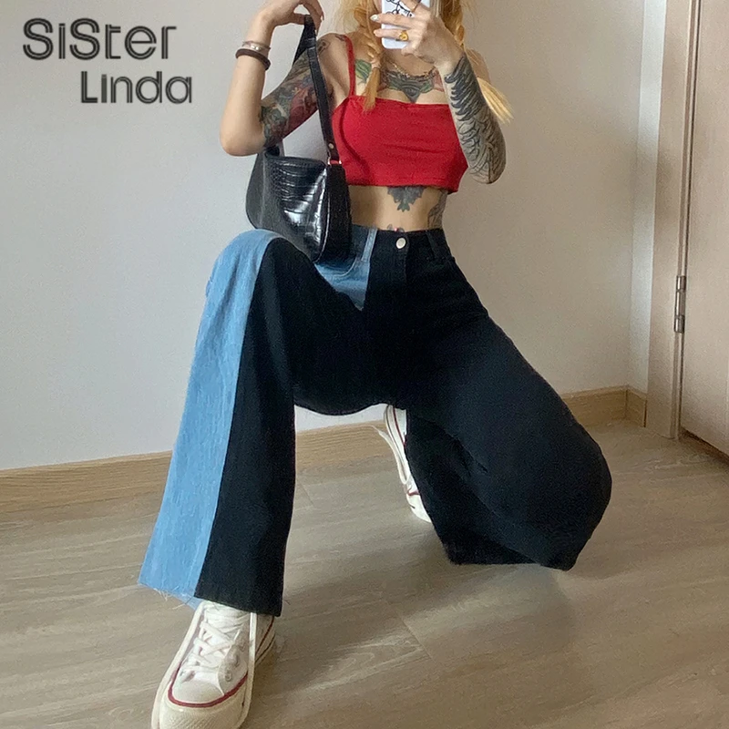 Женские джинсы в стиле пэчворк Sisterlinda брюки с вставками и высокой талией