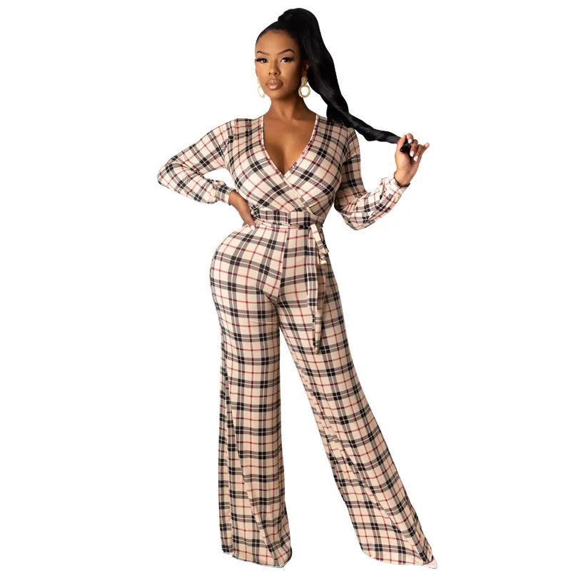 

Autumn and winter fun and tall waist with plaid wide-legged conjoined trousers