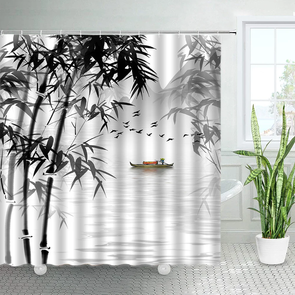 

Занавеска для душа с бамбуковыми чернилами в китайском стиле, 3D занавеска из натурального ландшафта в скандинавском стиле, декор для ванной...