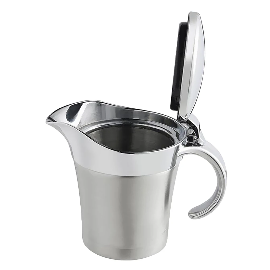 

Kitchen Stainless Steel Gravy Boat Double Wall Sauce Jug w/ Lid 450ml/15oz